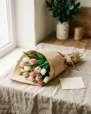 Buchet de lalele roz ambalat în hârtie naturală