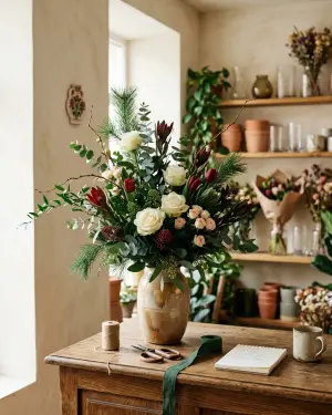 Aranjament floral elegant pe biroul unei recepții