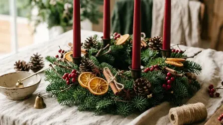 Coroniță de Advent din brad natural cu patru lumânări pe o masă de lemn