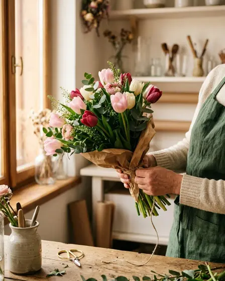 Florista Tulip Atelier lucrând la un aranjament